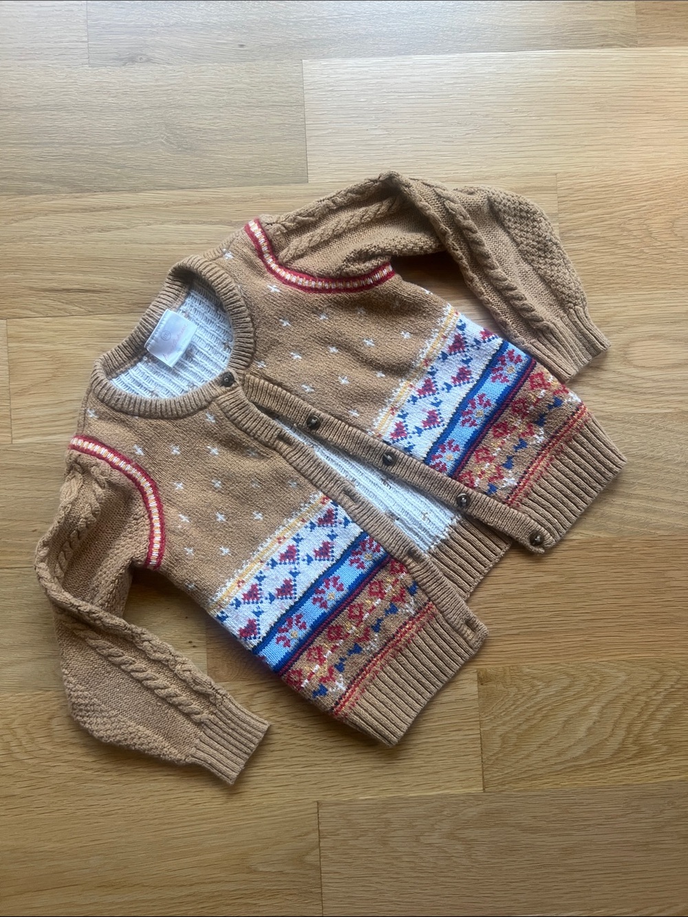 Hanna Andersson Tan Fair Isle Knit Cardigan with Multicolor Accents